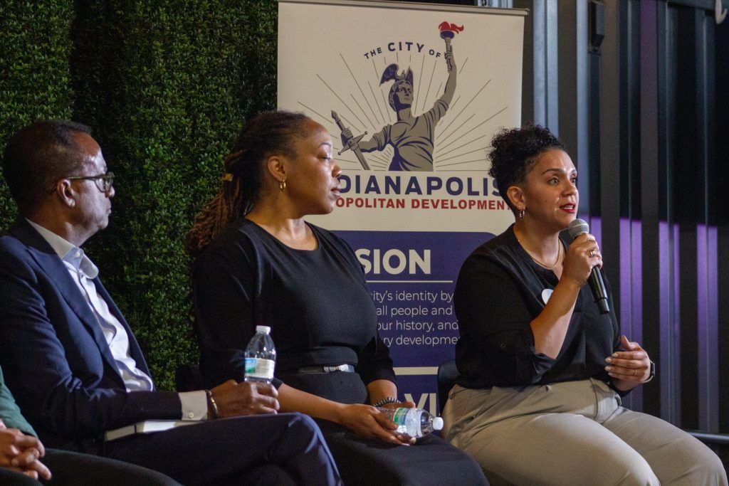 Nicole Carey, CEO of Convergence Global, speaks during a panel at a meeting about the redevelopment of Indiana Avenue on Tuesday, April 16, at the AMP at 16 Tech. 