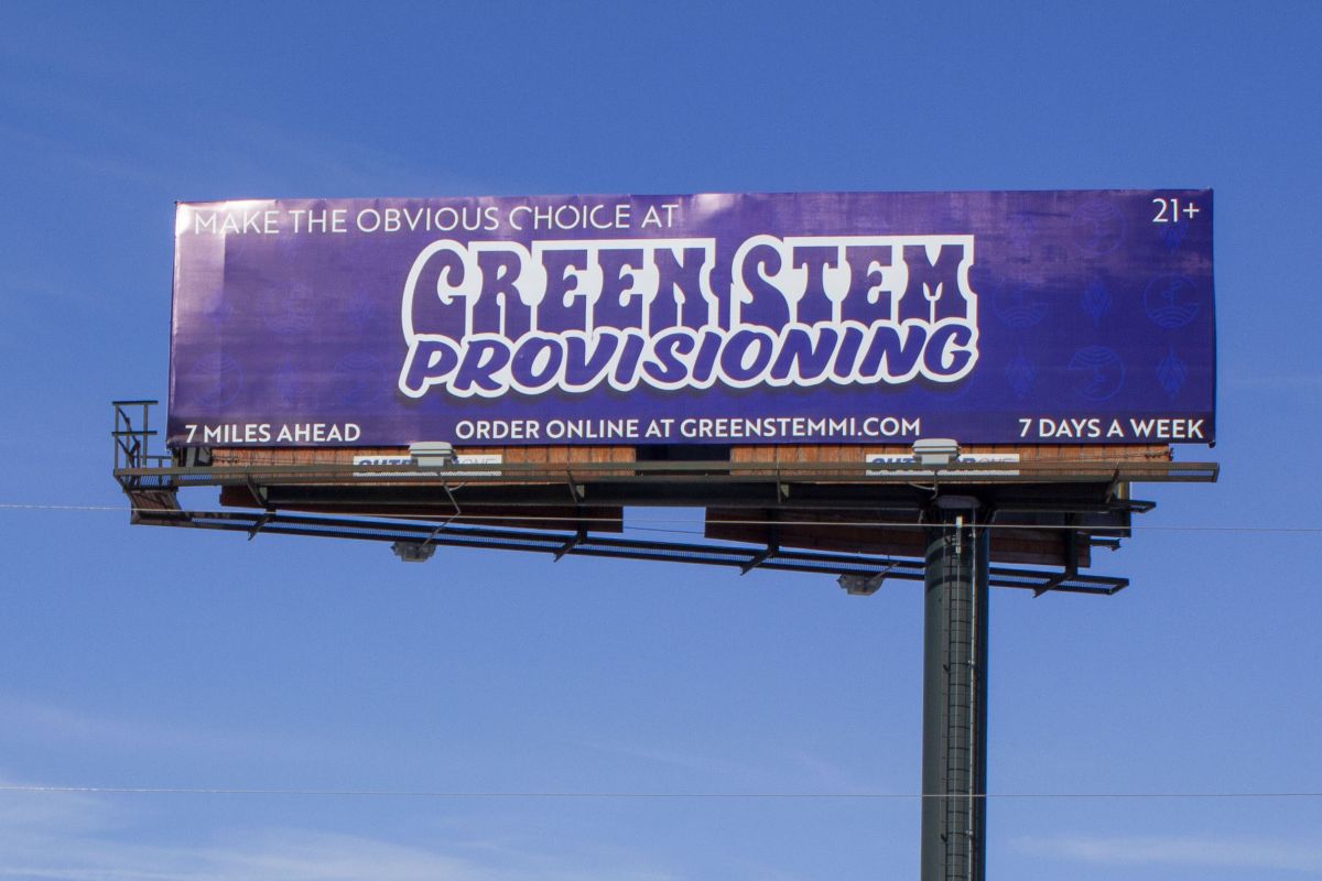 A billboard advertising Niles, Michigan dispensary Green Stem Provisioning. The billboard is in Roseland, Indiana along State Route 933, just south of the Indiana Toll Road.