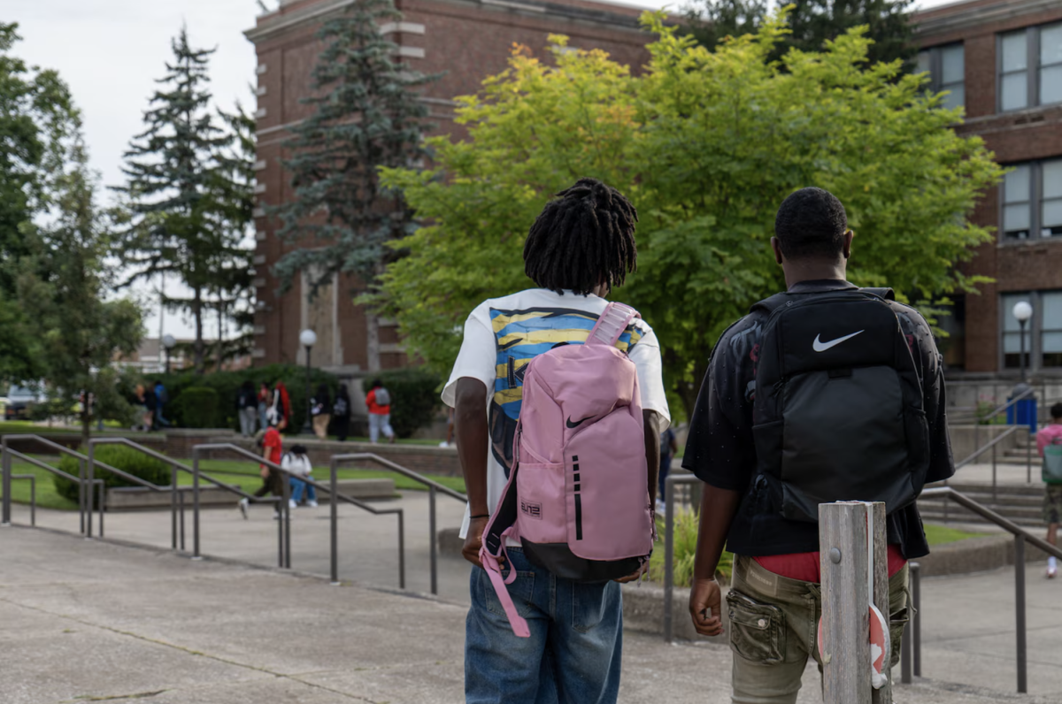 Students at Shortridge High School, an IPS high school, walk to class on the first day of school in August.