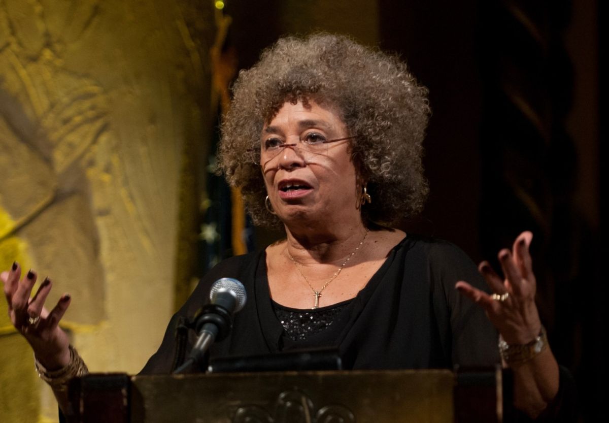 Angela Davis speaks Jan. 17, 2016, during the Martin Luther King Jr. dinner held at the Indiana Roof Ballroom.