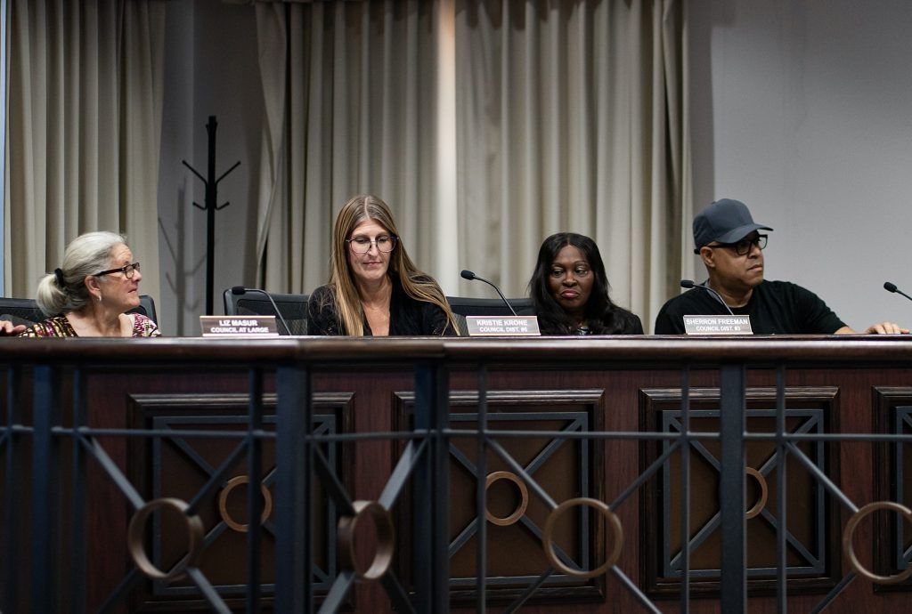 From left, Lawrence Common Council members Liz Masur, Kristie Krone, Sherron Freeman and Carlos Jennings meet Sept. 17, 2025, at the City of Lawrence Government Center. 