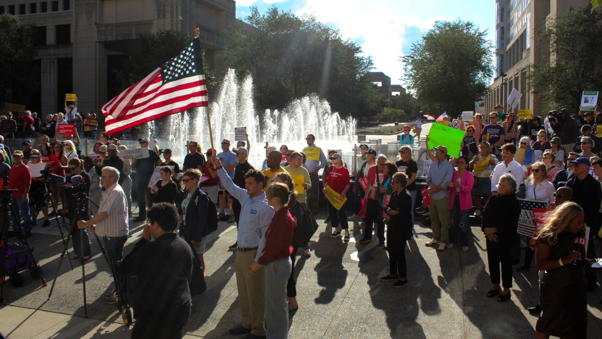 Protesters gathered at the Indiana Statehouse on Tuesday, August 26, as Republican lawmakers met with President Donald Trump at the White House during his administration’s push to redraw maps in states like Indiana to boost GOP power in future elections.