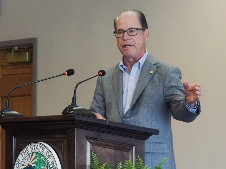 Gov. Mike Braun delivers remarks while celebrating his first 100 days in office on Wednesday, April 30, 2025.
