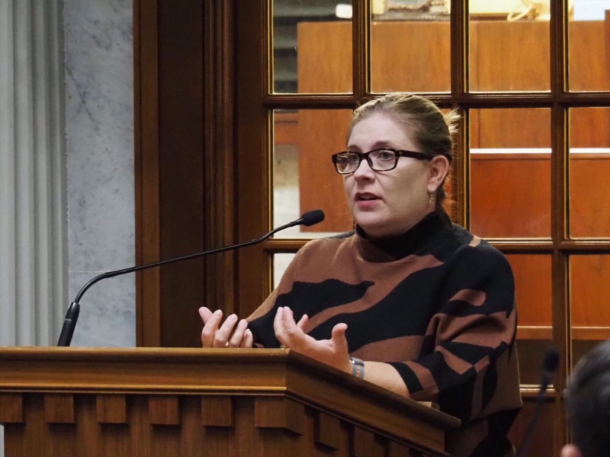 Feeding Indiana’s Hungry Executive Director Emily Weikert Bryant testifies before a land use task force on Tuesday, Nov. 14, 2023.