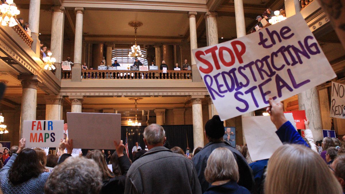 At the statehouse on Monday, hundreds of Hoosiers gathered to voice their opposition to the proposed maps. Chants of "Just Say No" and "Shame On You" could be heard periodically throughout a rally that eventually moved upstairs, where lawmakers gathered.