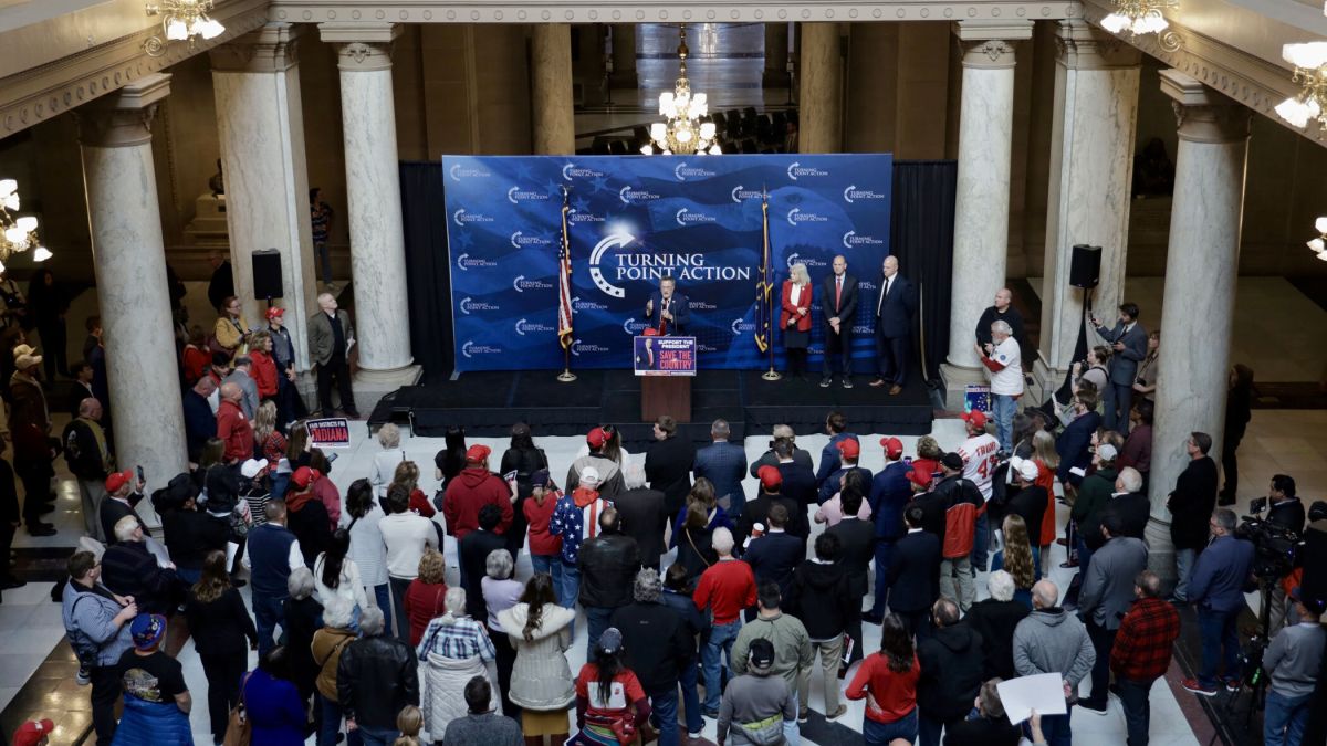 The conservative activist group Turning Point Action holds a rally in support of mid-decade redistricting at the Indiana Statehouse on Friday, Dec. 5, 2025. Gov. Mike Braun spoke during the event.