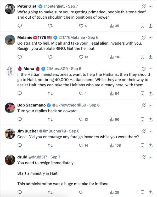 Angry commenters turned to Indiana Lt. Gov. Micah Beckwith’s campaign account instead, filling his replies. 