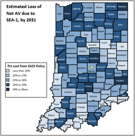 Estimated loss of net assessed value due to changes in Senate Enrolled Act 1, by 2031, according to an Indiana Fiscal Policy report released Nov. 14, 2025.