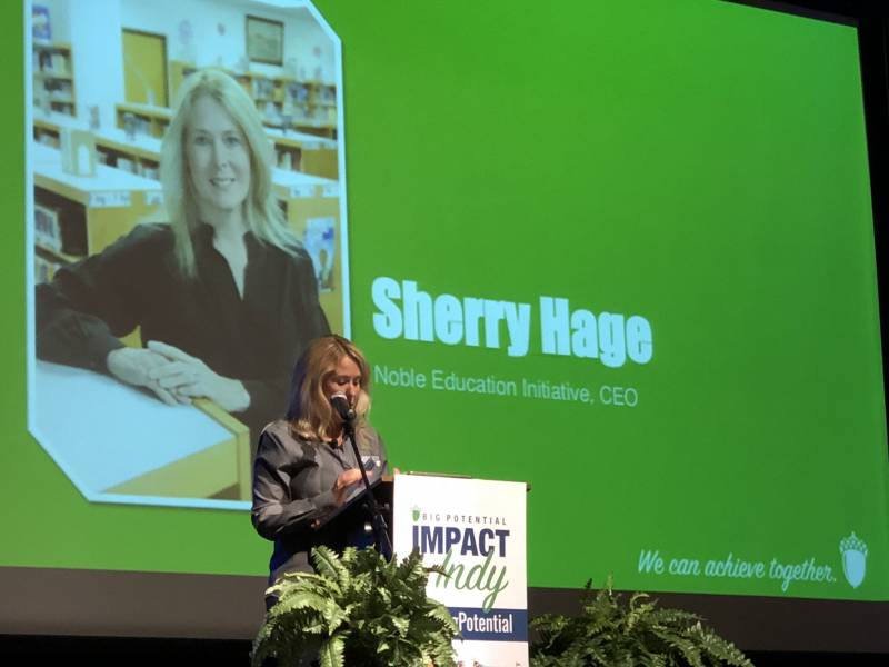 Sherry Hage, Noble Education Initiative CEO, speaks at an event in Indianapolis on July 27, 2018 for staff at Howe, Manual and Emma Donnan schools. | Twitter