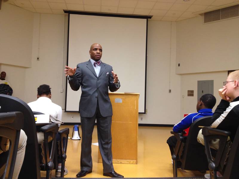 Principal Stan Law talks to a group of students about their grades and behavior on October 20, 2015. | By Eric Weddle 