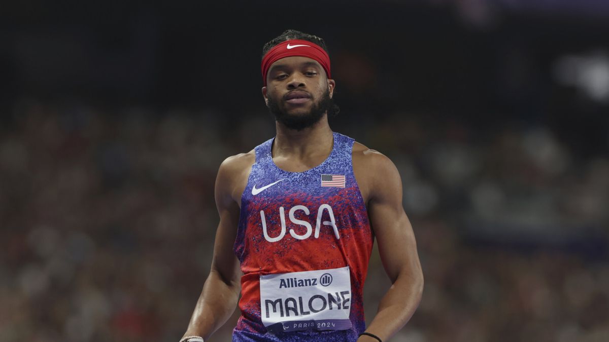 Team USA sprinter Noah Malone walks on the track after claiming a silver medal in the 100 meter T12 classification at the Paralympic Games, on Saturday, Aug. 31, 2024, in Paris.