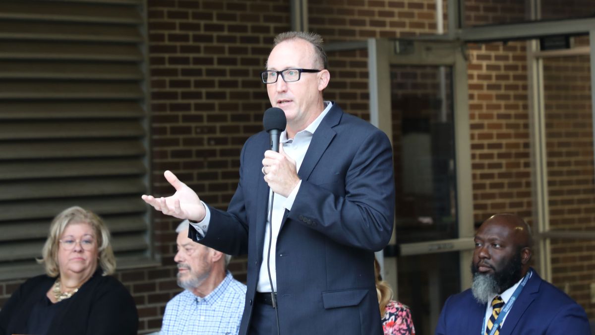 Tommy Reddicks, CEO for Paramount Schools of Excellence, speaks at the ribbon cutting for Andrew J. Brown Academy’s new building in the Martindale Brightwood neighborhood on Thursday, Aug. 28 2025. The school became the network’s fourth Indianapolis campus in July. 