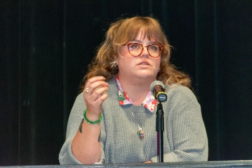Danielle Deopke speaks at the town hall held on November 3. Deopke is a resident of the 46807 zipcode who has been doing independent research about data centers.