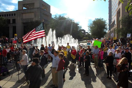 Protesters gathered at the Indiana Statehouse on Tuesday, August 26, as Republican lawmakers met with President Donald Trump at the White House during his administration’s push to redraw maps in states like Indiana to boost GOP power in future elections.