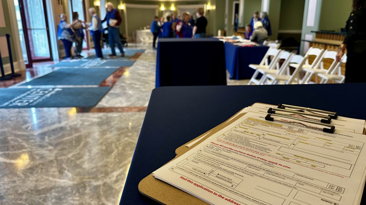 The League of Women Voters of Indianapolis and the Marion County Board of Voters Registration set up in the Payne & Mencius Palladium in Carmel to register new citizens to vote Wednesday, May 11, 2026.