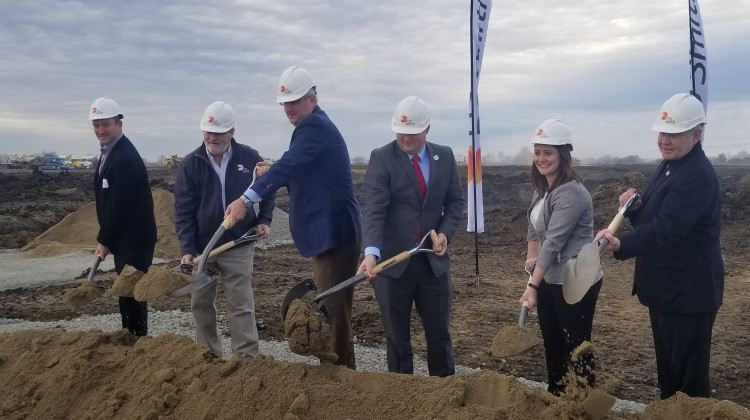 State and local officials along with DS Smith representatives break ground Friday for the UK packaging company's new facility in Lebanon. - Samantha Horton/IPB News