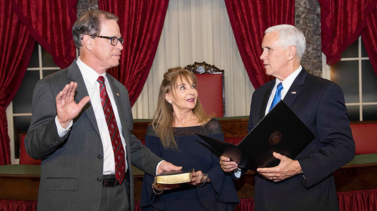 Vice President Mike Pence (right) swears in Sen. Mike Braun (R-Ind.) to his first term in Congress. - Sen. Mike Braun via Twitter