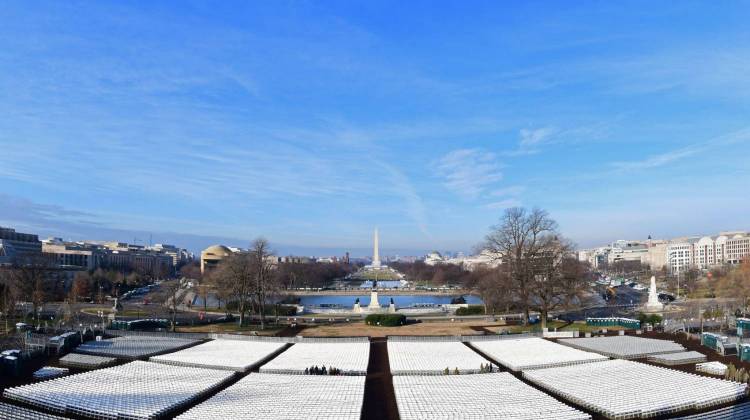 Rows of chairs stretch across the lawn on the West side of the U.S. Capitol with a view of the National Mall and the Washington Monument early on Jan. 15, 2017 in Washington, D.C., five days ahead of the inauguration President-elect Donald Trump. (Eva Hambach/AFP/Getty Images)