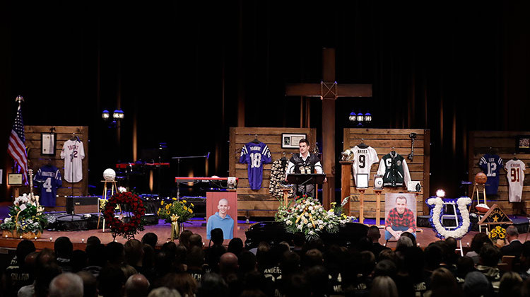 Purdue quarterback David Blough speaks during a funeral for Tyler Trent at College Park Church, Tuesday, Jan. 8, 2019, in Indianapolis. Trent, an avid Purdue fan, died on New Year's Day, following a bout with bone cancer. - AP Photo/Darron Cummings, Pool
