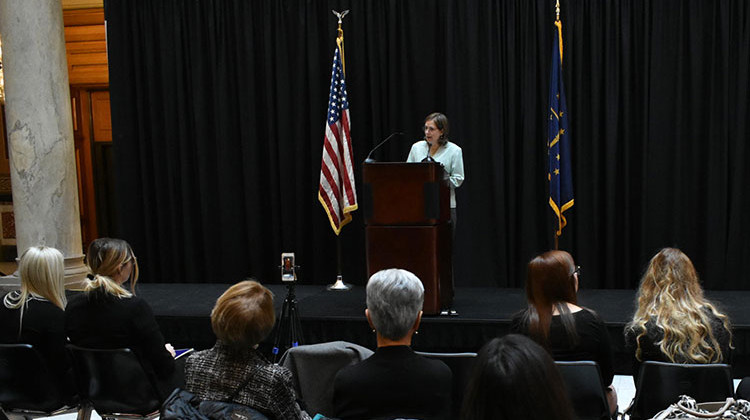 Rep. Chris Campbell (D-West Lafayette) addresses women at the Statehouse rally. - Justin Hicks /IPB News