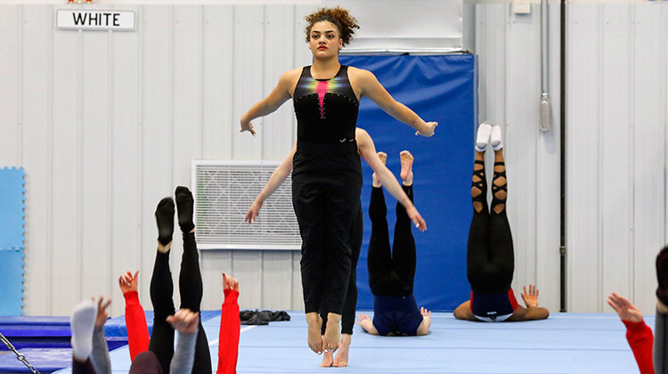 Laurie Hernandez trains with other USA gymnasts in Indianapolis, Monday, Jan. 20, 2020. Hernandez, a two-time Olympic medalist, and other veterans in the USA Gymnastics elite program have praised the organization for taking steps to become more accountable and transparent in the wake of the Larry Nassar scandal.  - AP Photo/Teresa Crawford