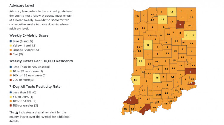 The state’s tracking map labels five of Indiana’s 92 counties in the most dangerous red category, down from 34 counties last week and 73 two weeks ago.  - Indiana Health Department