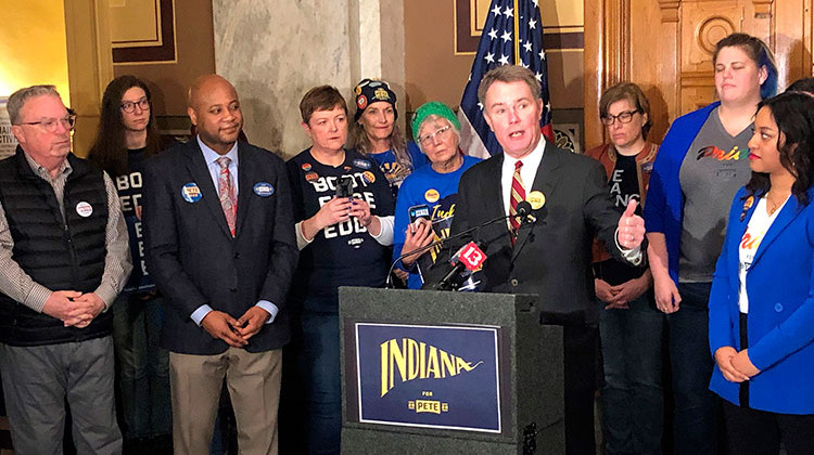 Indianapolis Mayor Joe Hogsett speaks just before filing paperwork to place former South Bend, Indiana, Mayor Pete Buttigieg's name on the Indiana Democratic presidential primary ballot Thursday, Feb. 6, 2020, at the Indiana Statehouse in Indianapolis. - AP Photo/Tom Davies