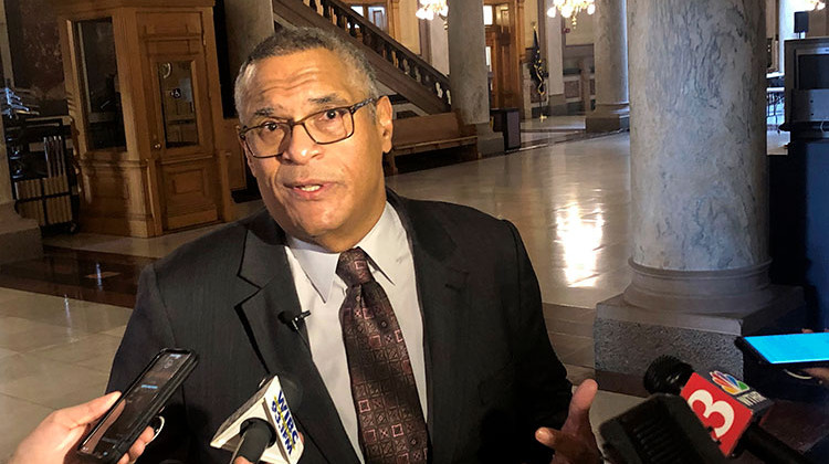 Business executive Woody Myers speaks to the media as he hands over paperwork to put his name on the Democratic primary ballot for Indiana governor at the Statehouse in Indianapolis on Friday, Feb. 7, 2020. Myers will be the only Democrat seeking the party's nomination to challenge Republican Gov. Eric Holcomb this year after tech business leader Josh Owens dropped out the race Wednesday and endorsed Myers. - AP Photo/Tom Davies