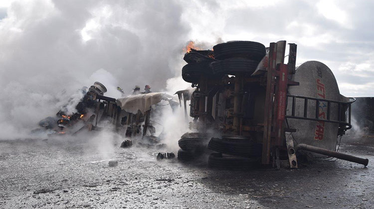 The tanker truck overturned and caught fire. - Provided by Indianapolis Fire Department