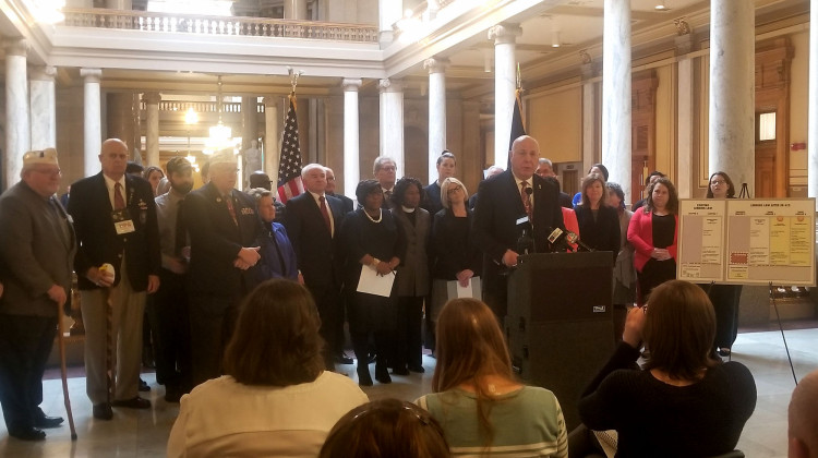 Veterans, church leaders and advocacy groups rallied at the Statehouse Monday asking legislators to kill a bill that would expand subprime lending. - Samantha Horton/IPB News