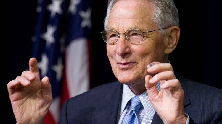 FILE - In this June 20, 2012 file photo, former Sen. Birch Bayh, D-Ind., the author of Title IX in Congress, speaks during a forum in the South Court Auditorium at the White House in Washington in a gathering to celebrate the 40th anniversary of Title IX. Bayh, who championed the federal law banning discrimination against women in college admissions and sports, has died. He was 91.  - AP Photo/Manuel Balce Ceneta, File