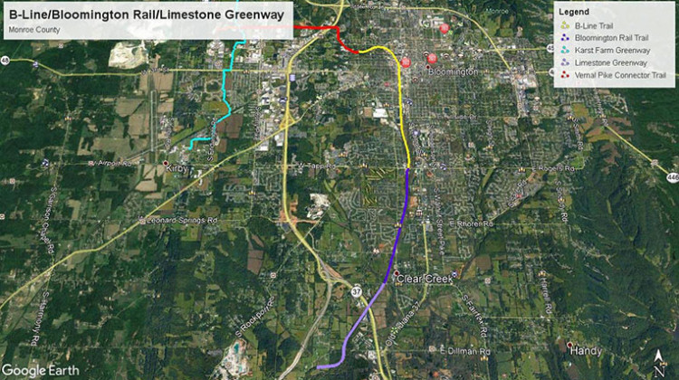 A map showing the current B-Line and Rail Trail, with the upcoming Limestone Greenway on the south end. - Courtesy: Monroe County Parks Department