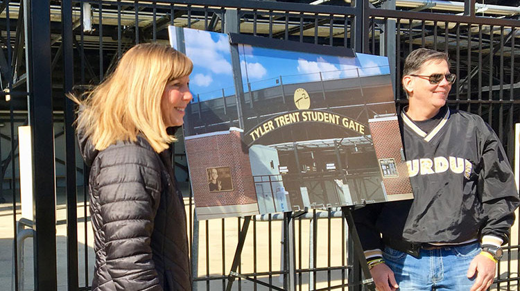 Tyler Trent's parents, Tony and Kelly Trent, unveiled the image of the future memorial.  - Emilie Syberg/WBAA