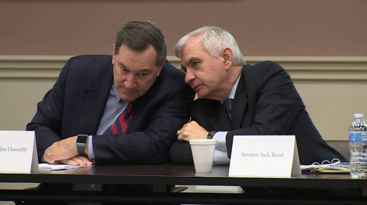 Sen. Joe Donnelly (D-Ind.), left, hosted Sen. Jack Reed (D-R.I.) at Crane Monday. - Steve Burns/WFIU-WTIU