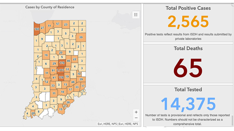 A screen shot of the Indiana State Department of Health's COVID-19 online dashboard. - Indiana State Department of Health