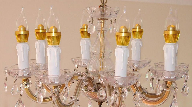 An antique chandelier that's been fitted with LED bulbs, 2012. Many of these specialty bulbs are not yet subject to energy efficiency standards. - Wikimedia Commons