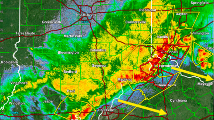 National Weather Service radar shows the storms moving out of Indiana on Wednesday, around 10 p.m. on April 8 - National Weather Service