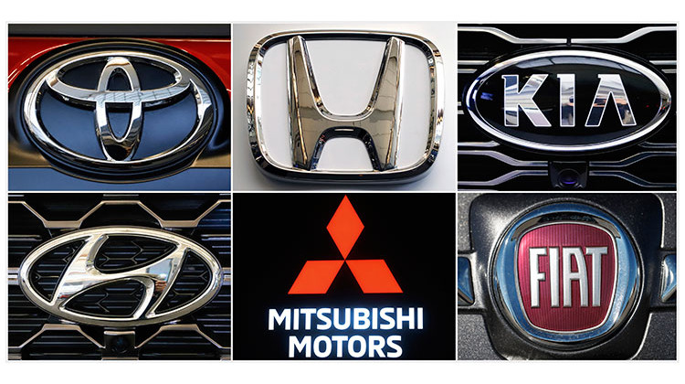 This undated combination of photos shows clockwise from top left the logos for Toyota, Honda, Kia, Fiat Chrysler, Mitsubishi and Hyundai. U.S. auto safety regulators have expanded an investigation into malfunctioning air bag controls to include 12.3 million vehicles because the bags may not inflate in a crash. - AP
