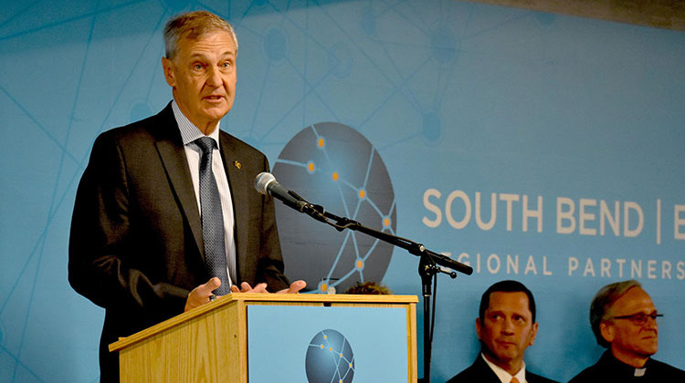 John Affleck-Graves, executive vice president of Notre Dame, addresses an audience on Friday at the grant announcement in Elkhart, Indiana.  - Justin Hicks / IPB News