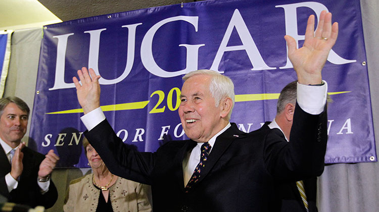 FILE - In a May 8, 2012 file photo, Sen. Richard Lugar reacts after giving a speech, in Indianapolis. Former Indiana Sen. Richard Lugar, a Republican foreign policy sage known for leading efforts to help the former Soviet states dismantle and secure much of their nuclear arsenal, died Sunday, April 28, 2019 at the Inova Fairfax Heart and Vascular Institute in Virginia. He was 87. - AP Photo/Darron Cummings, File