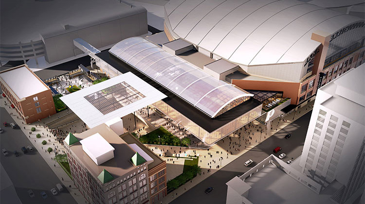 This rendering provided by the Indiana Pacers, shows renovations and expansion of the NBA basketball team's downtown arena in Indianapolis. - Indiana Pacers