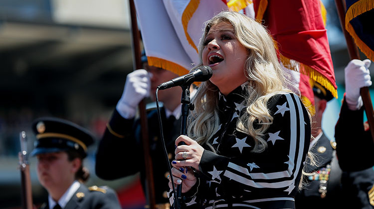 Kelly Clarkson performs the National Anthem during pre-race festivities for the 102nd Indianapolis 500 at the Indianapolis Motor Speedway.  - Joe Skibinski/Indianapolis Motor Speedway