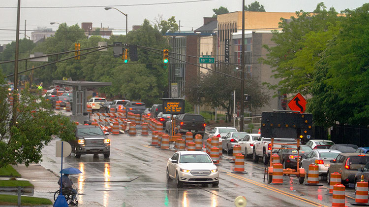 Northbound traffic backs up near the Red Line bus pad at 18th and Meridian streets during the evening rush hour on Tuesday, May 21. - Doug Jaggers/WFYI