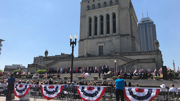 The scene in front of the Indianapolis War Memorial Friday afternoon for the 2018 500 Festival Memorial Service. - Sarah Panfil/WFYI