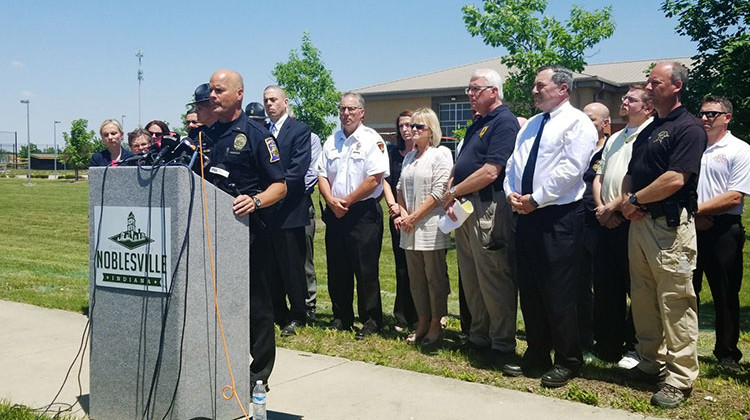 Noblesville Police Lt. Bruce Barnes addresses the media hours after a shooting at Noblesville West Middle School on Friday, May 25, 2018. - Jeanie Lindsay/IPB News