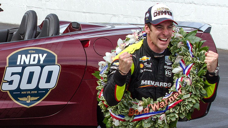 Simon Pagenaud celebrates after winning the 2019 Indianapolis 500. The race averaged a combined 5.446 million viewers watching on NBC and online via NBCSports.com and the NBC Sports app. - Doug Jaggers/WFYI