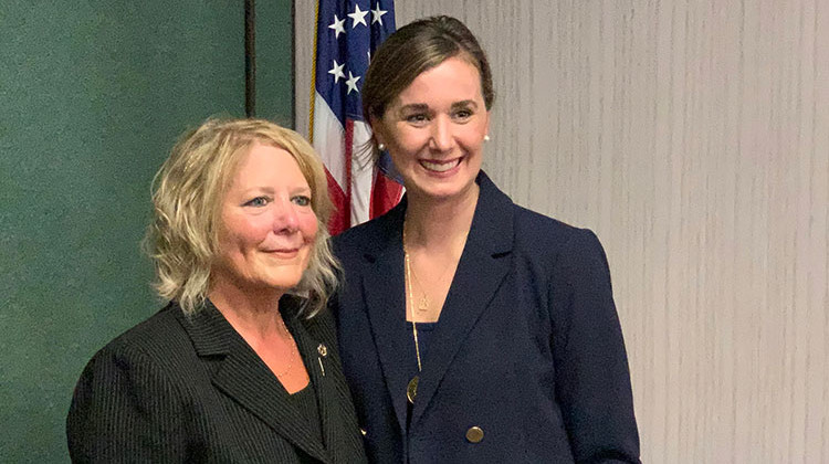 New state representative Dollyne Sherman, left, poses for a photo with Johnson County GOP Chair Beth Boyce after winning a precinct caucus. - Brandon Smith/IPB News