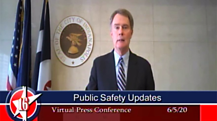 Indianapolis Mayor Joe Hogsett speaks during a press conference announcing a new use of force policy and a more progressive disciplinary process for the Indianapolis Metropolitan Police Department. - Screen shot of livestream via Channel 16.