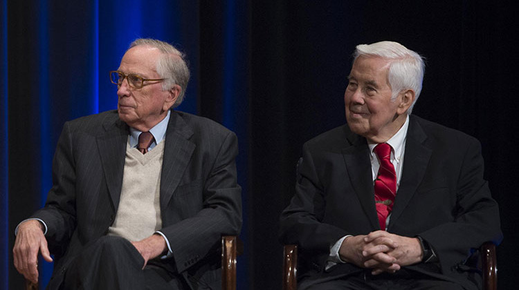 Former U.S. Sens. Sam Nunn of Georgia, left, and Richard Lugar of Indiana listen during a ceremony commemorating the 25th Anniversary of the Nunn-Lugar Cooperative Threat Reduction Program at the Pentagon, May 9, 2016. - Department of Defense photo by Air Force Senior Master Sgt. Adrian Cadiz