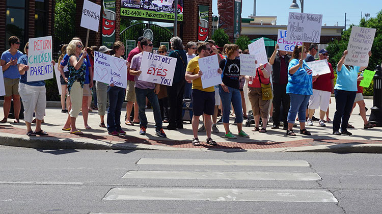 Protesters gathered in Fort Wayne as U.S. Attorney General Jeff Sessions spoke in town Thursday, June 14, 2018. - Araceli Gomez-Aldana